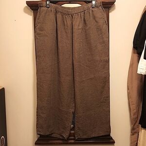 Women’s FLAX linen pants size 3G brown elastic waist plus size cropped floods